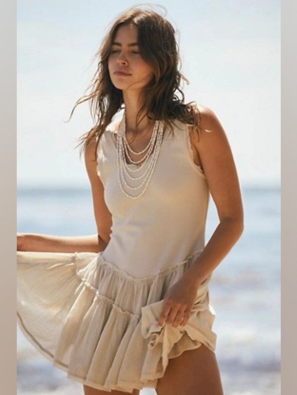 Nwt Ftee People Izi Sleeveless Oatmeal  Mini Dress with Ruffled Size Large